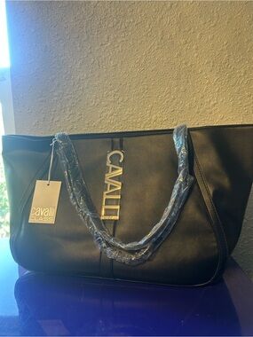 Cavalli Class Black Tote with Gold Logo Accent